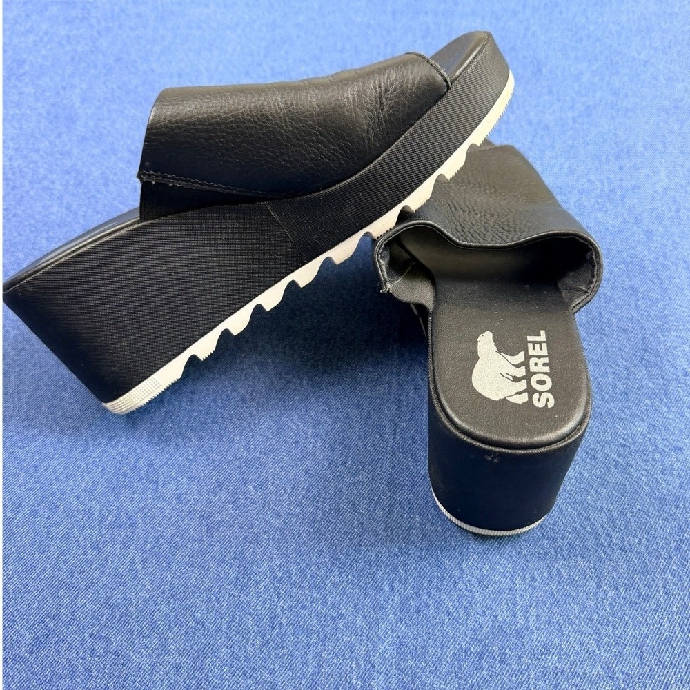 Sorel Cameron Flatform Wedge Slide Sandals Black Leather Womens 8